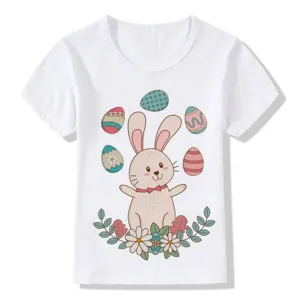Close up view of the kids white t-shirt featuring cute Easter bunny print and colorful eggs.
