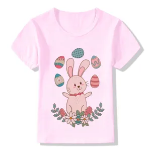 Detailed view of the cute Easter bunny cartoon graphic on the pink kids short sleeve shirt.