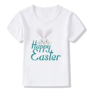 Detailed view of white kids short sleeve t-shirt with cute Easter bunny print graphic.