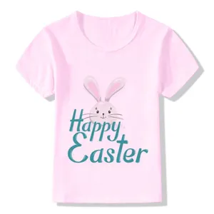 Close-up view showing chest details of the pink kids short sleeve t-shirt with bunny print.