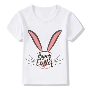 Kids white short sleeve t-shirt detail showing Easter bunny ears graphic and festive text print.