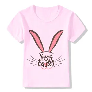 Close-up detail view of kids pink short sleeve t-shirt with cute Easter bunny ears print.