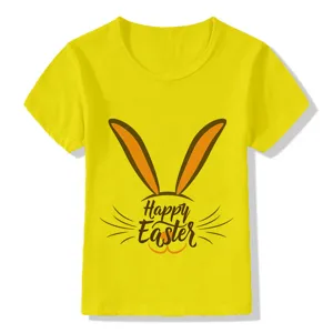 Yellow kids short sleeve t-shirt detail featuring cute Easter bunny ears graphic print.