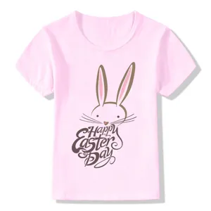 Pink kids short sleeve t shirt with cute easter bunny graphic and holiday text detail view.
