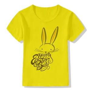 Yellow kids short sleeve t-shirt featuring a cute Easter bunny rabbit print and festive text.