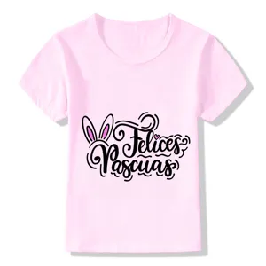 Detailed view of the cute pink kids short-sleeve top featuring festive Easter bunny graphics.