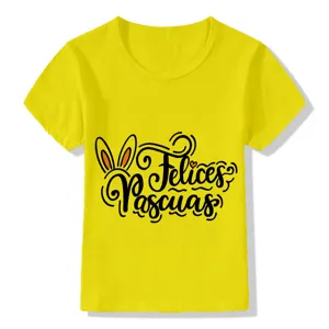 Children yellow short sleeve t-shirt with easter bunny graphic print for kids apparel sale