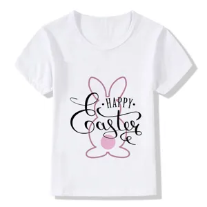 Kids white short sleeve t-shirt with cute easter bunny graphic print, casual summer top.