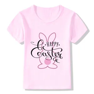 Detailed view of kids pink short sleeve t-shirt featuring cute Easter bunny graphic print.