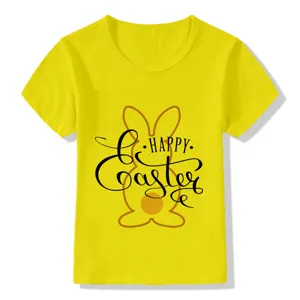 Close-up view of the bright yellow kids short-sleeve t-shirt with festive Easter bunny graphic.