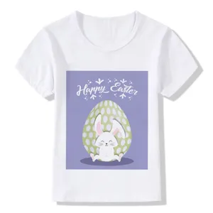 Close-up detail of the cute Easter bunny and egg graphic print on the soft white cotton t-shirt.