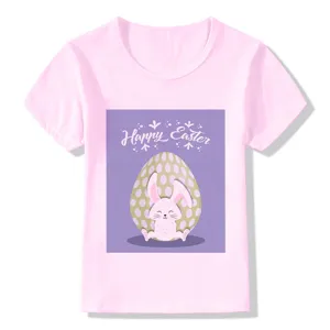 Close-up of the cute Easter bunny and egg chest print on the pink kids short sleeve t-shirt.
