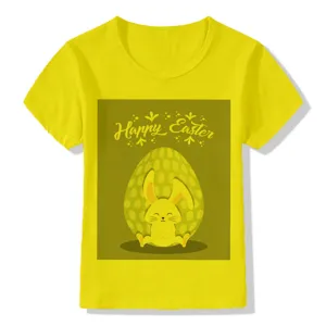 Details of the yellow kids t-shirt featuring a cute Easter bunny and printed graphic design.