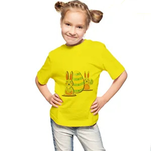 Kids Easter short sleeve t-shirt, bright yellow cotton top with cute cartoon bunny graphic.
