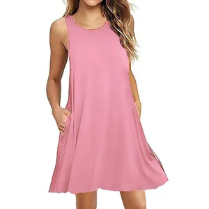 Donna estate casual senza maniche abito tasche canotta colore unito midi vestito elegante giorno