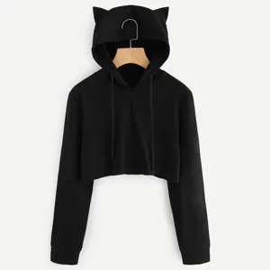 Women's Cute Cat Ear Hooded Sweatshirt Casual Long Sleeve Solid Color Loose Short Pullover Hoodie Streetwear Top