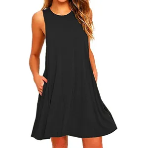 Abito estivo donna tinta unita senza maniche con tasche casual stile moda elegante