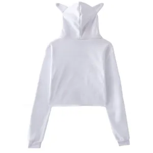 White cropped hoodie featuring cute cat ear hood design, long sleeves, casual streetwear.