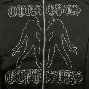 Schwarzer Strass Reißverschluss Hoodie Streetwear Gothic Hip Hop Jacke stylisches Oberteil