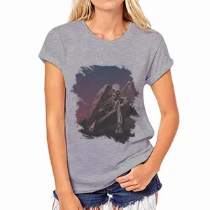 Casual grey short sleeve women t-shirt with spooky skeleton coffin graphic print apparel