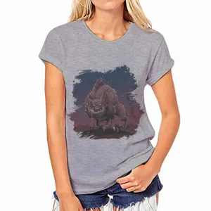 Grey short sleeve women t-shirt featuring a fierce monster graphic print for casual wear.