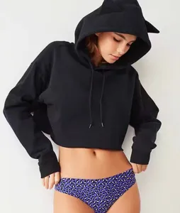 Women's black cat ear crop hoodie long sleeve pullover casual streetwear top detail view.