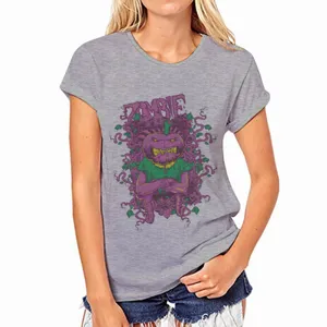 Detailed view of grey short-sleeve women's crewneck t-shirt featuring a unique zombie pumpkin graphic print.