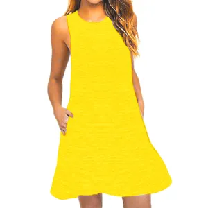 Donna estate casual senza maniche abito tinta unita trapezio con tasche giallo dettaglio