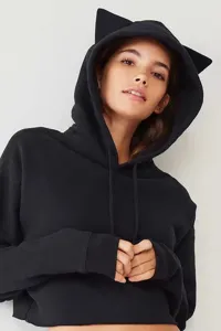 Black women's cat ear hoodie fashion casual hooded sweatshirt detail view winter style.