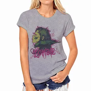 Grey short sleeve crewneck t-shirt for women featuring a cool zombie graphic print.