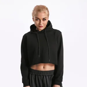 Solid black crop hoodie for women, casual long sleeve hooded sweatshirt for daily wear.