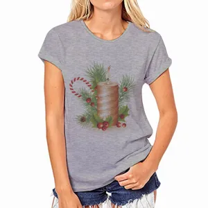 Grijs dames t-shirt met korte mouwen en kerstkaars print, casual vakantie topjes.