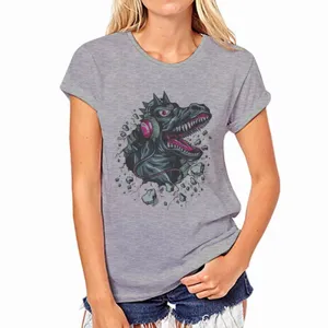 Grey women's short sleeve T-shirt featuring a cool dinosaur headphone graphic print detail.
