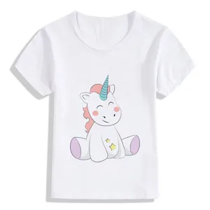 T-shirt per bambini a maniche corte con stampa unicorno, top bianco girocollo comodo.