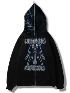 Schwarzer Strass Hoodie mit Reissverschluss fuer Damen und Herren, Kapuzenjacke.