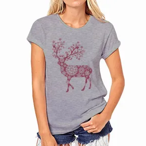 Grijs t-shirt met korte mouwen en rendierprint voor dames, casual ronde hals.