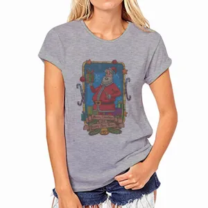 Grijs dames t-shirt met korte mouwen en vintage Kerstman grafische print detail opdruk.