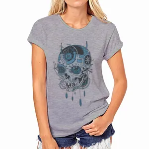 Close-up detail of the grey short sleeve t-shirt featuring a cool blue mechanical skull print.