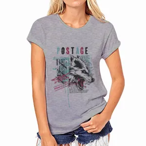 Gray short sleeve graphic t-shirt for women featuring wolf postage stamp print detail view.