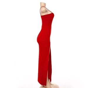 Rotes einfarbiges Slip Maxi-Kleid für Damen, sexy schlitz Slim Fit Sommerlanges Kleid.