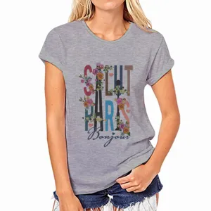 Grey short sleeve women t-shirt featuring stylish floral Paris lettering print and round neck design.