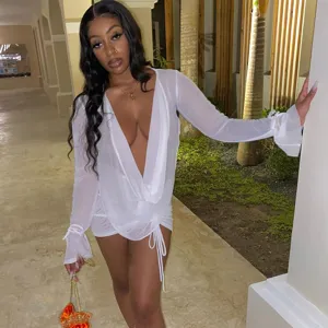 Women Sexy Sheer Mesh Top And Bottom Deep V Neck Long Sleeve Ruched Shirt And Skirt Clubwear Party Outfit