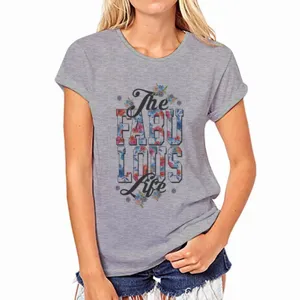 Grey graphic t-shirt for women featuring floral letter print short sleeve casual top.