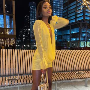Yellow sheer long sleeve deep V neck ruched mesh mini dress for women summer fashion style.