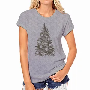 Grijs dames t-shirt korte mouw met vintage kerstboom grafische print casual top