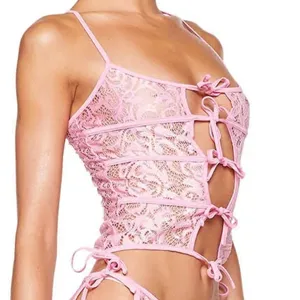 Pink Y2K lace crop top for women, sexy tie-front spaghetti strap camisole summer fashion.
