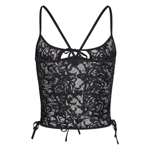 Black lace camisole crop top detail view showcasing floral sheer fabric and straps.