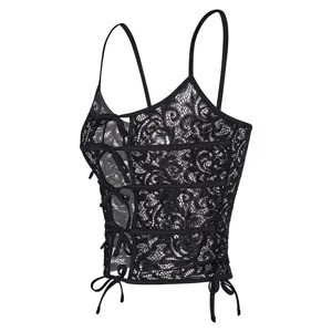 Sexy lace camisole detail showing black sheer fabric, delicate floral jacquard and side ribbon ties.