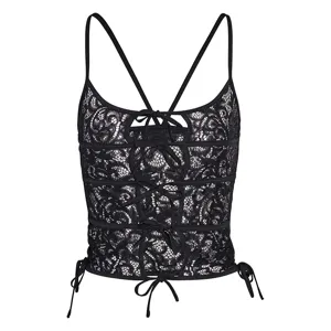 Black lace camisole crop top featuring sexy sheer cutout design and stylish bow details.