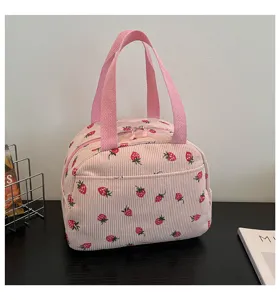 Rosa Kord-Erdbeer-Druck Handtasche Lässige Tragetasche süße Tasche für Damen Alltag